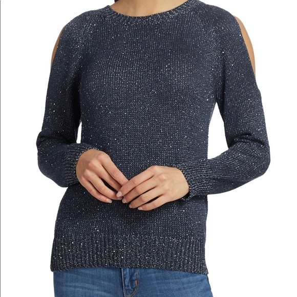 Saks Fifth Avenue Blue Cold Shoulder sparkling Sequin Sweater, small - Picture 1 of 5